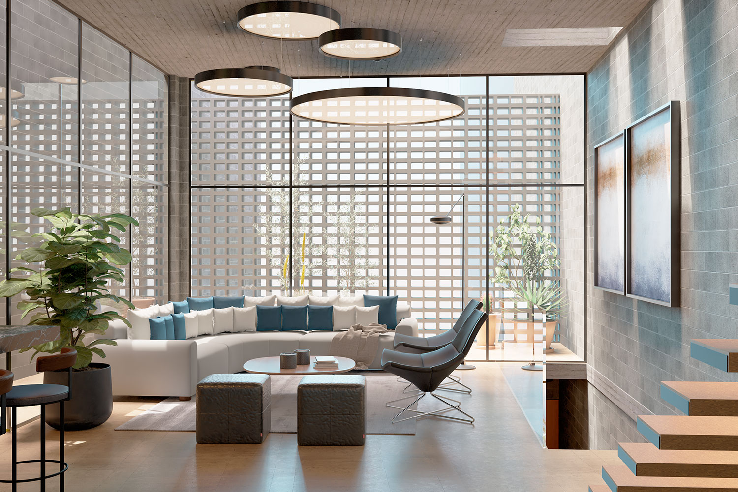 Render de una sala de estar adornada con un sofá de dos piezas blanco con almohadas de color azul cielo. Iluminada naturalmente con grandes ventanales en la parte frontal e izquierda. Decorada con pinturas, plantas y una alfombra.